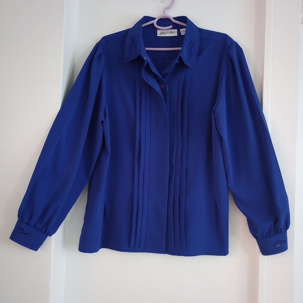 Vintage Yves St. Clair Royal Blue Pleated Long Sleeve Blouse Size 16